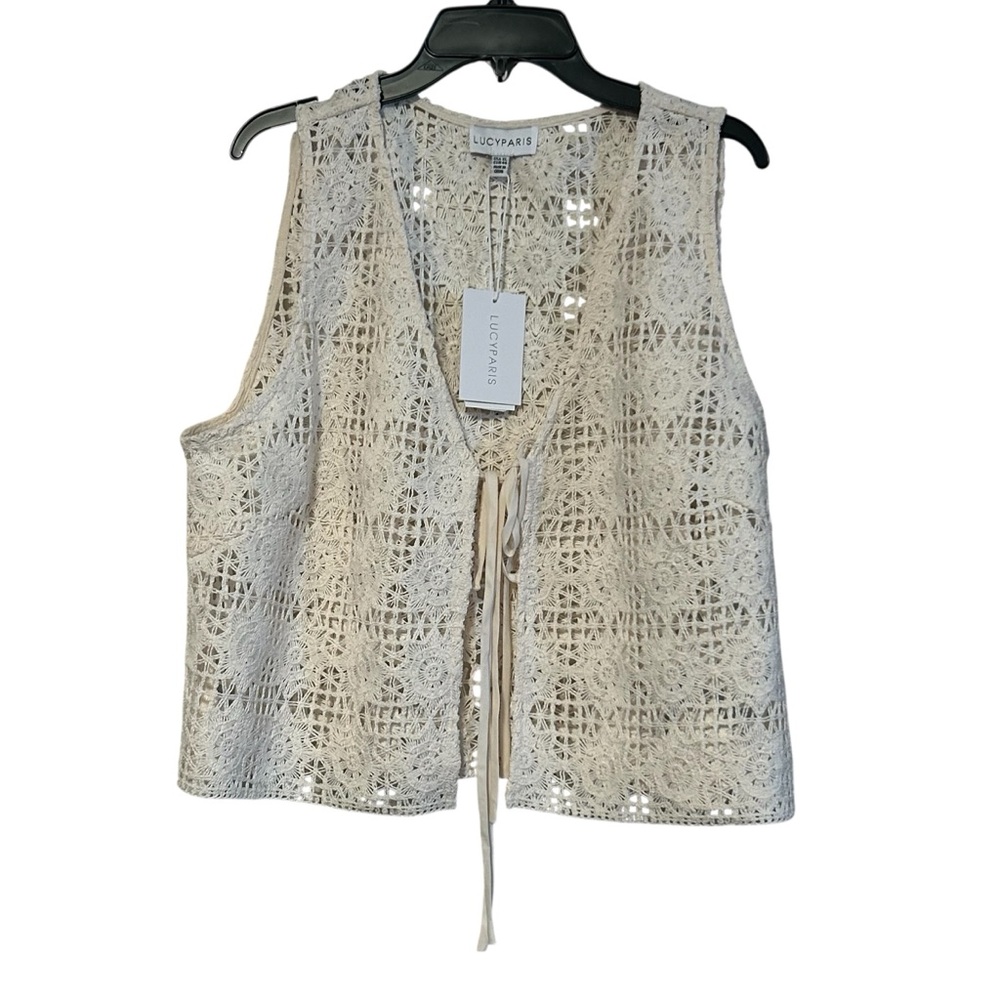 New Lucy Paris Crochet Vest Open Front Tie Closures Size XL NWT